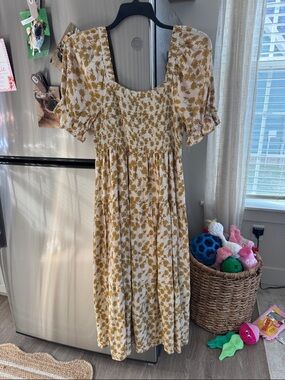 Women's Floral Smocked Maxi Dress in Mustard and Cream